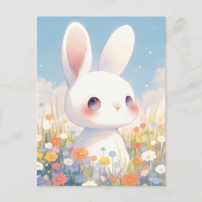 Carte Postale Lapin Blanc Doux dans Prairie Pastel (Devant)