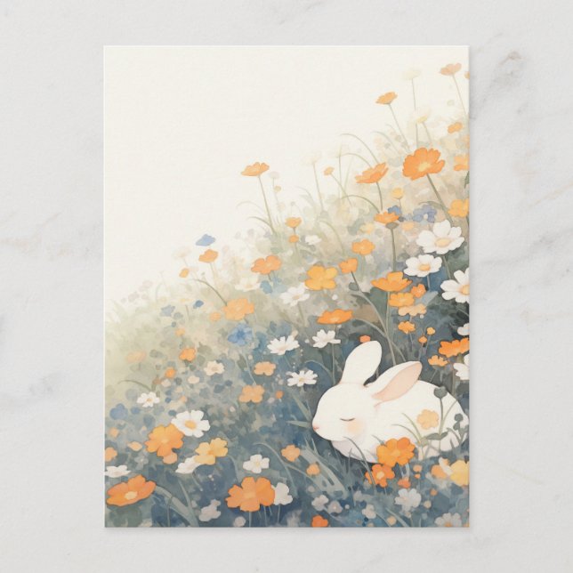 Carte Postale Lapin Blanc endormi dans la prairie orange (Devant)