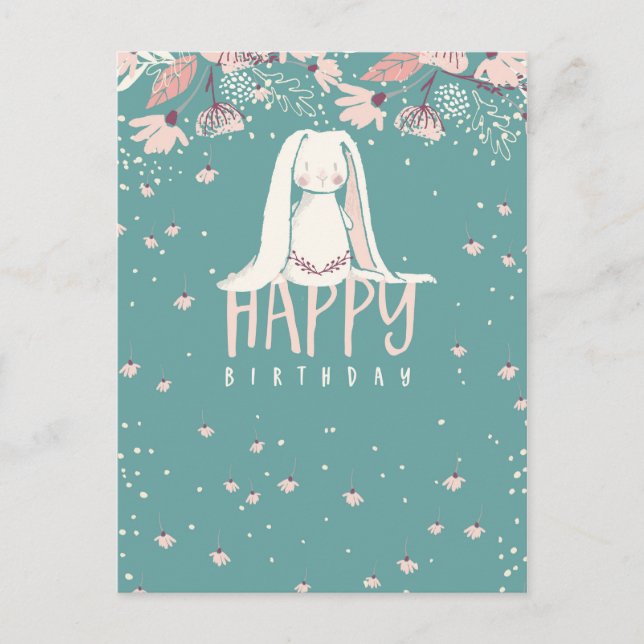 Carte Postale Lapin blanc & Fleurs | Joyeux anniversaire (Devant)