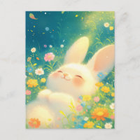 Lapin Blanc Heureux dans la Prairie de Fleurs Magi