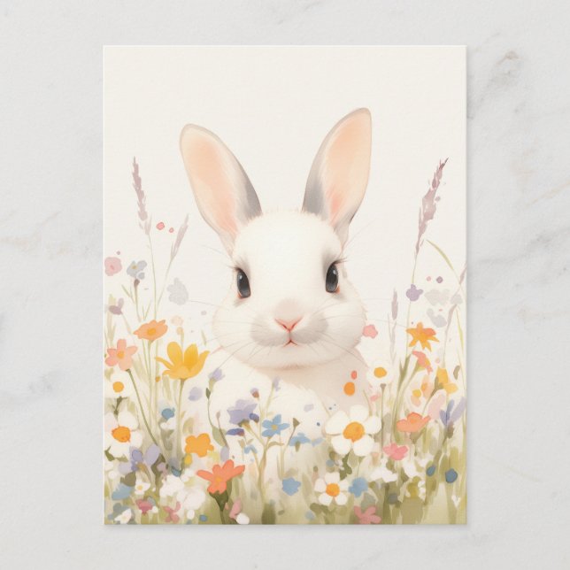 Carte Postale Lapin Blanc Mignon dans Prairie Printanière (Devant)