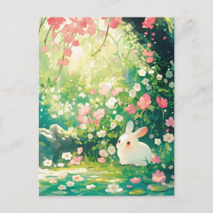 Carte Postale Lapin Blanc Mignon dans un Verger de Cerisiers Ens