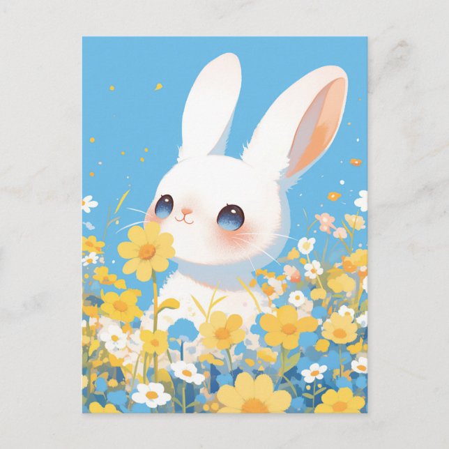 Carte Postale Lapin Blanc Mignon dans une Prairie Ensoleillée de (Devant)