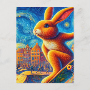 Carte Postale Lapin brun de skateboard surréaliste coloré et amu