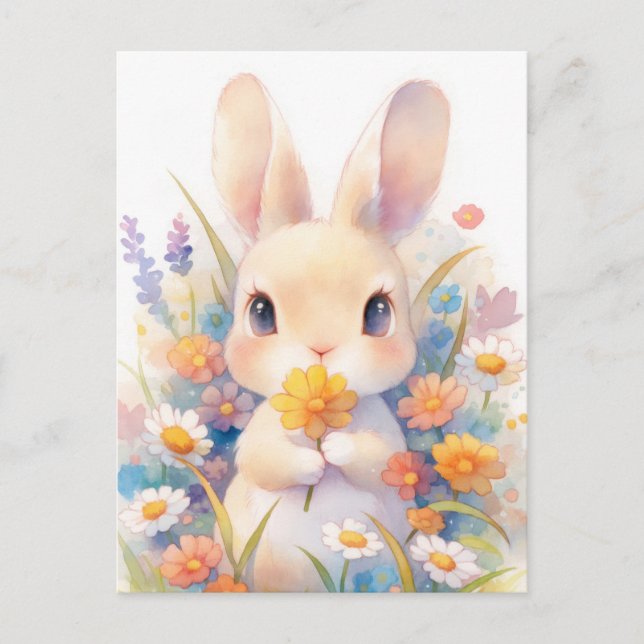 Carte Postale Lapin Brun Doux Tenant une Fleur Jaune (Devant)