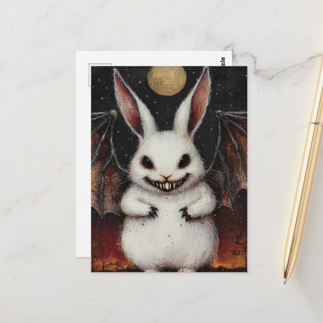 Carte Postale Lapin Chauve-Souris Vampire (Devant/Arrière en situation)
