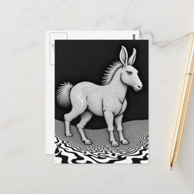 Carte Postale Lapin Cheval Créature Fantaisie Ridicule Noir et B (Devant/Arrière en situation)