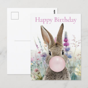Carte Postale Lapin chewing-gum rose Joyeux anniversaire