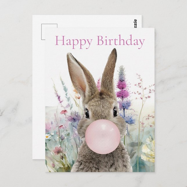 Carte Postale Lapin chewing-gum rose Joyeux anniversaire (Devant / Derrière)