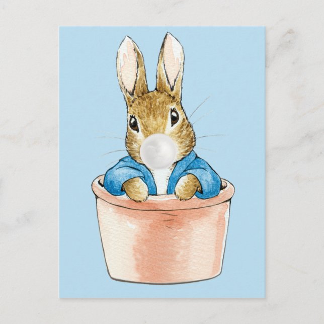 Carte Postale Lapin classique dans un pot de fleurs soufflant du (Devant)