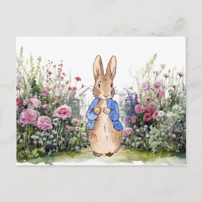 Carte Postale Lapin classique en bleu dans son jardin (Devant)