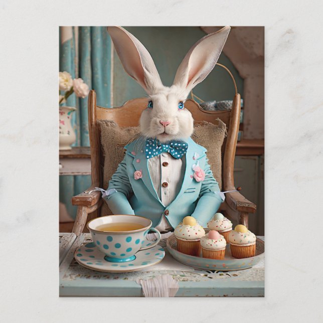 Carte Postale Lapin dans un manteau bleu et noeud papillon (Devant)