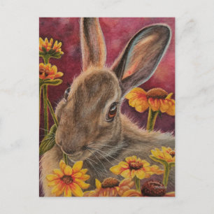 Carte Postale Lapin d'automne Lapin Fleurs Jaunes Aquarelle Art