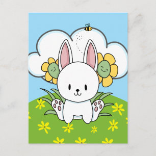 Carte Postale Lapin de dessin animé et fleurs heureuses