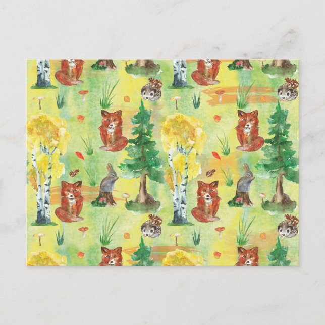 Carte Postale Lapin de forêt à l'aquarelle ,hérisson,renard (Devant)