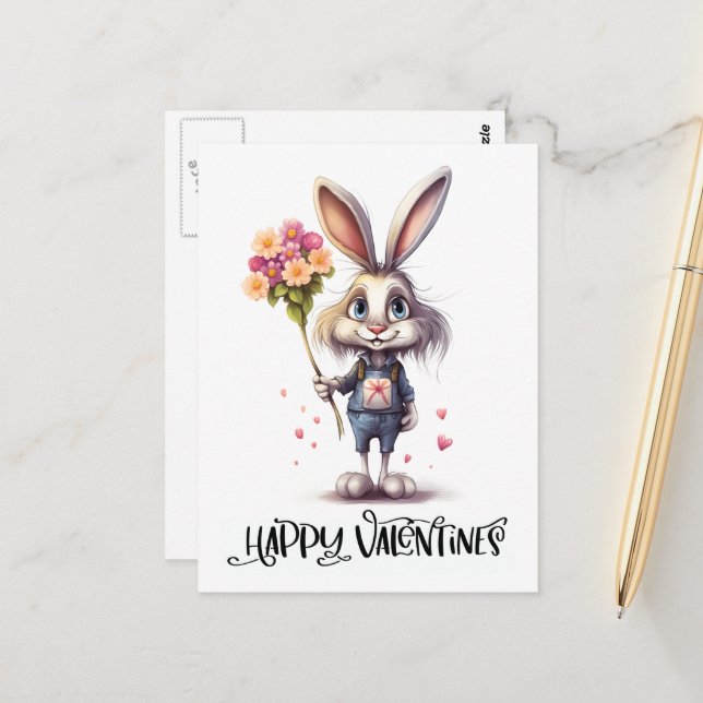 Carte Postale Lapin de la Saint-Valentin drôle et mignon (Devant/Arrière en situation)