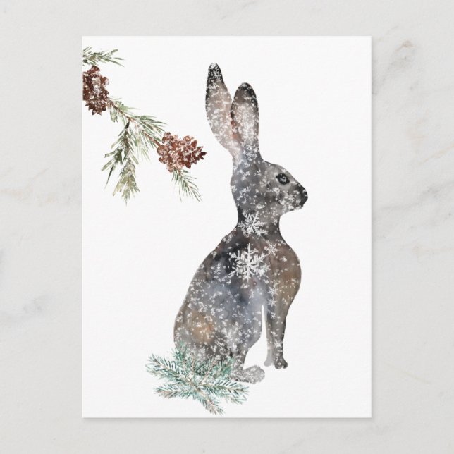 Carte Postale Lapin De Lièvre Neige Sous Une Aquarelle D'Arbre (Devant)