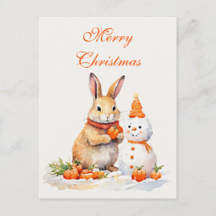 Carte Postale lapin de Noël bonhomme de neige carottes aquarelle
