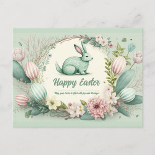 Carte Postale Lapin de Pâques à la menthe dans une couronne flor