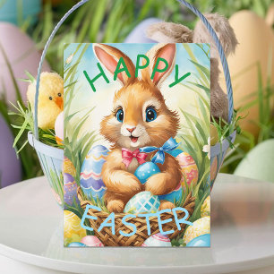 Carte Postale Lapin de Pâques adorable dans un panier avec des œ