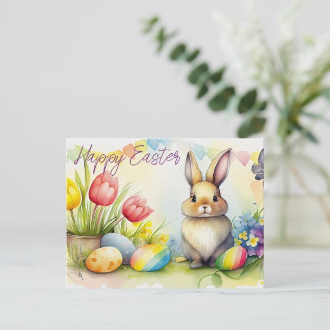 Carte Postale Lapin de Pâques avec oeufs de Pâques (Debout devant)