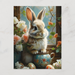 Carte Postale Lapin de Pâques avec oeufs détaillés et fleurs