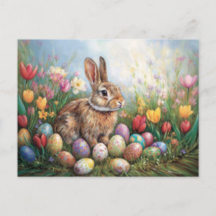 Carte Postale Lapin de Pâques avec Tulipes colorées Peinture