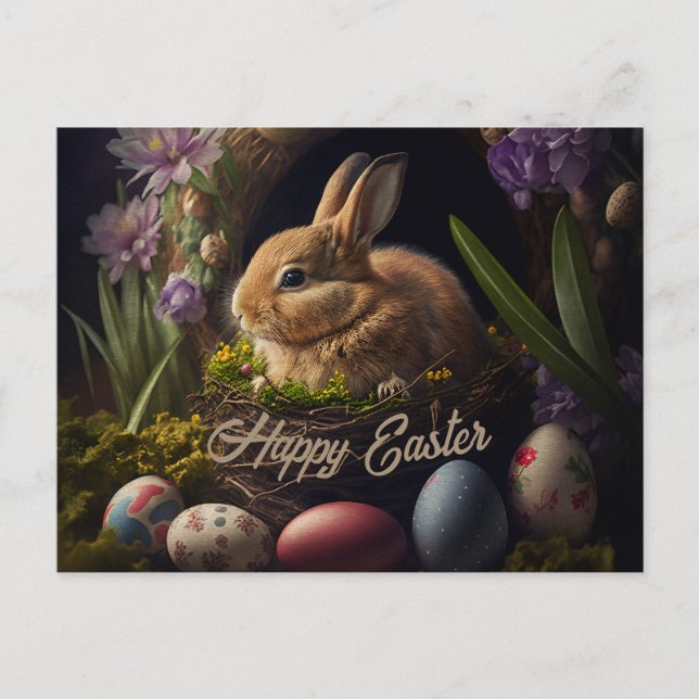 Carte Postale Lapin de Pâques dans un nid d'oeufs mignon (Devant)