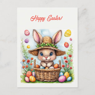 Carte Postale Lapin de Pâques dans un panier d'oeufs peints Joye