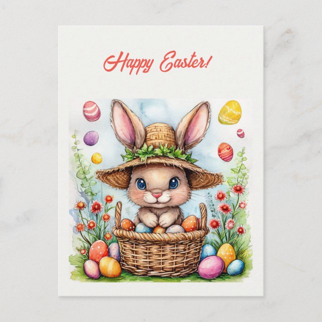 Carte Postale Lapin de Pâques dans un panier d'oeufs peints Joye (Devant)