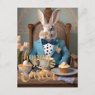 Carte Postale Lapin de Pâques en manteau bleu et cravate arc