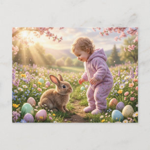 Carte Postale Lapin de Pâques mignon et enfant