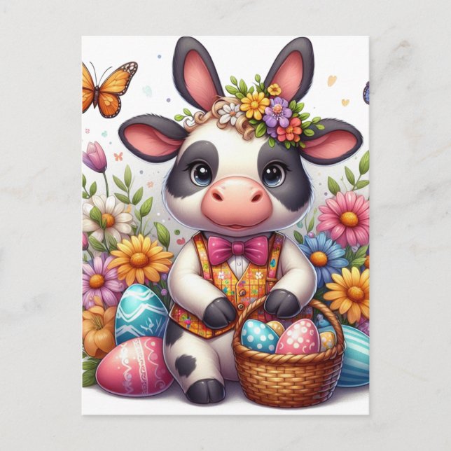 Carte Postale Lapin de Pâques vache adorable avec des œufs (Devant)