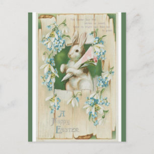 Carte Postale Lapin De Pâques vintage Avec Fleurs Bleues