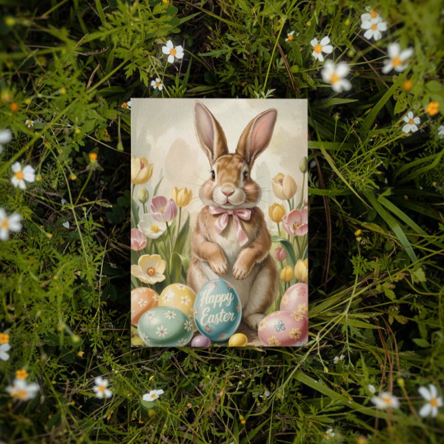 Carte Postale Lapin de Pâques vintage avec tulipes (Créateur téléchargé)