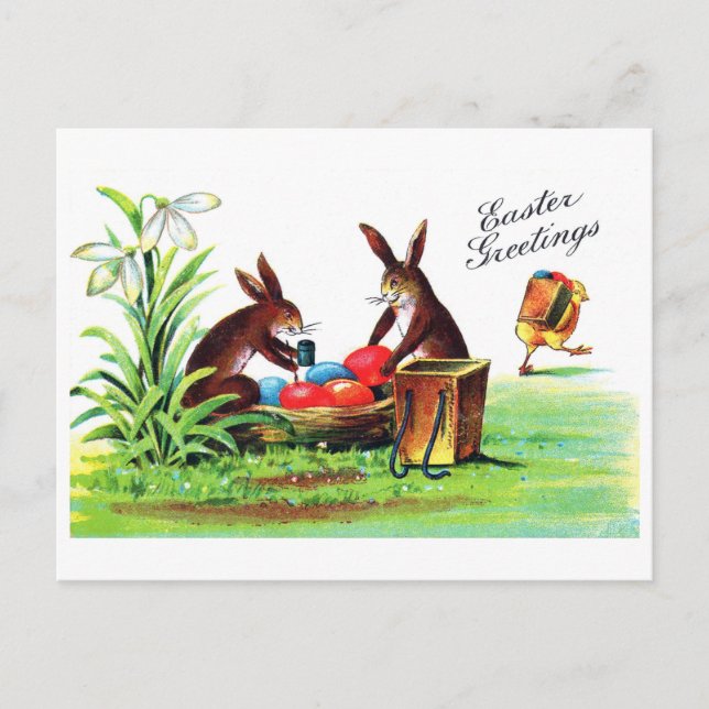 Carte Postale Lapin de Pâques vintage et poussin (Devant)