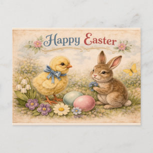 Carte Postale Lapin de Pâques Vintage Joyeux et Poussin