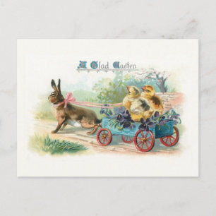 Carte Postale Lapin de Pâques vintage, Panier et poussins