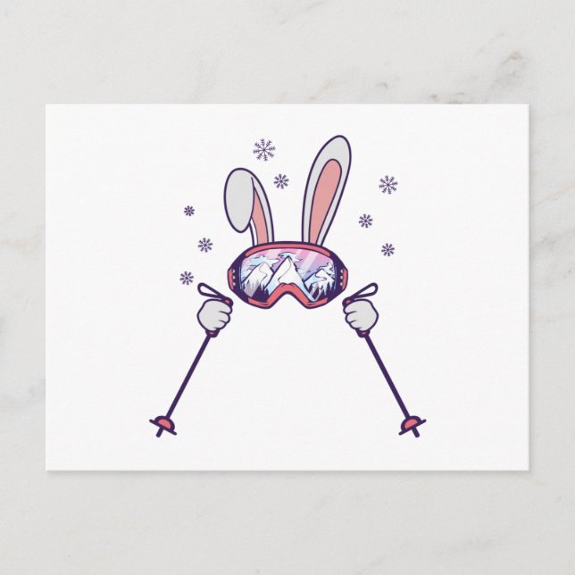 Carte Postale Lapin de ski avec bâtons de ski et lunettes de ski (Devant)