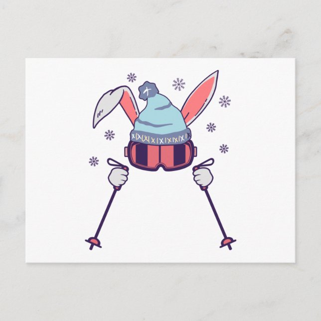 Carte Postale Lapin de ski avec bâtons de ski lunettes de ski ca (Devant)