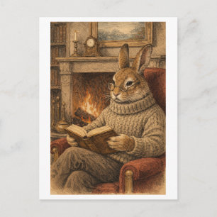 Carte Postale Lapin de style vintage lisant un livre