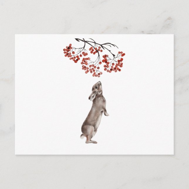 Carte Postale Lapin d'hiver Manger Berry en Aquarelle (Devant)