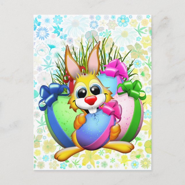 Carte Postale Lapin drôle mordant un œuf de Pâques (Devant)