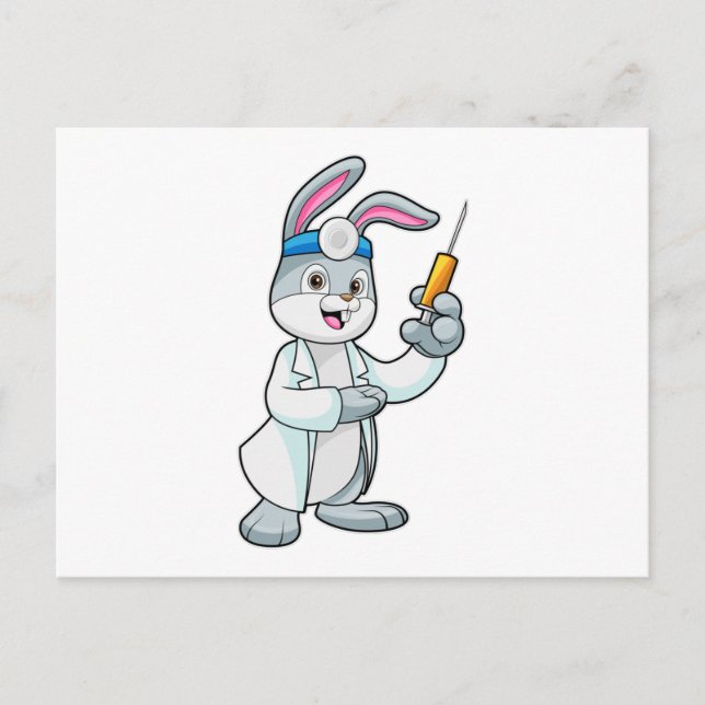 Carte Postale Lapin en médecin à la vaccination avec seringue (Devant)