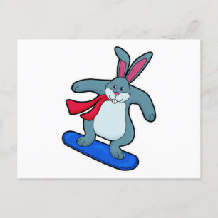 Carte Postale Lapin en snowboardeur avec planche à neige et écha