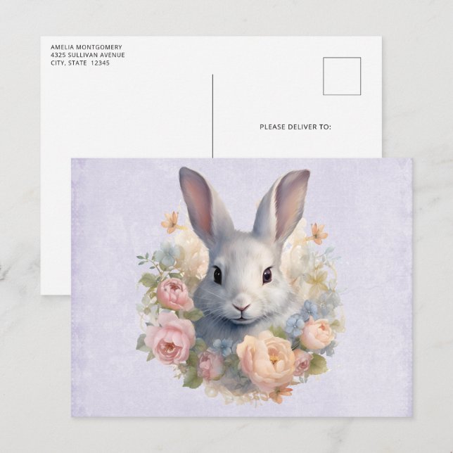 Carte Postale Lapin Entouré de Fleurs Pastel Mignon (Devant / Derrière)