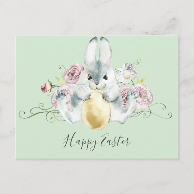 Carte Postale Lapin et fleurs de Pâques à l'aquarelle (Devant)