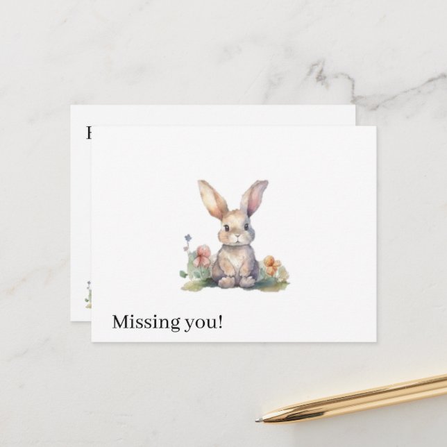 Carte postale Lapin floral mignon Tu me manques ! (Devant/Arrière en situation)