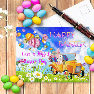 Carte Postale Lapin joyeux et heureux livrant des œufs de Pâques