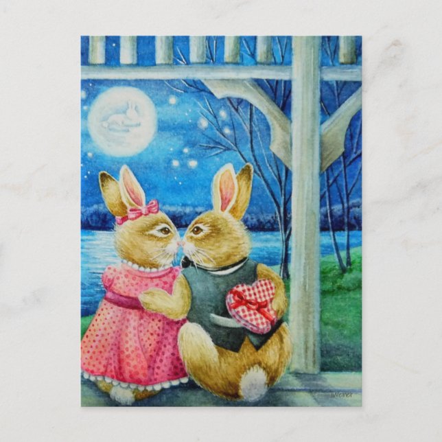 Carte Postale Lapin lapin en gros Valentines Aquarelle Art (Devant)